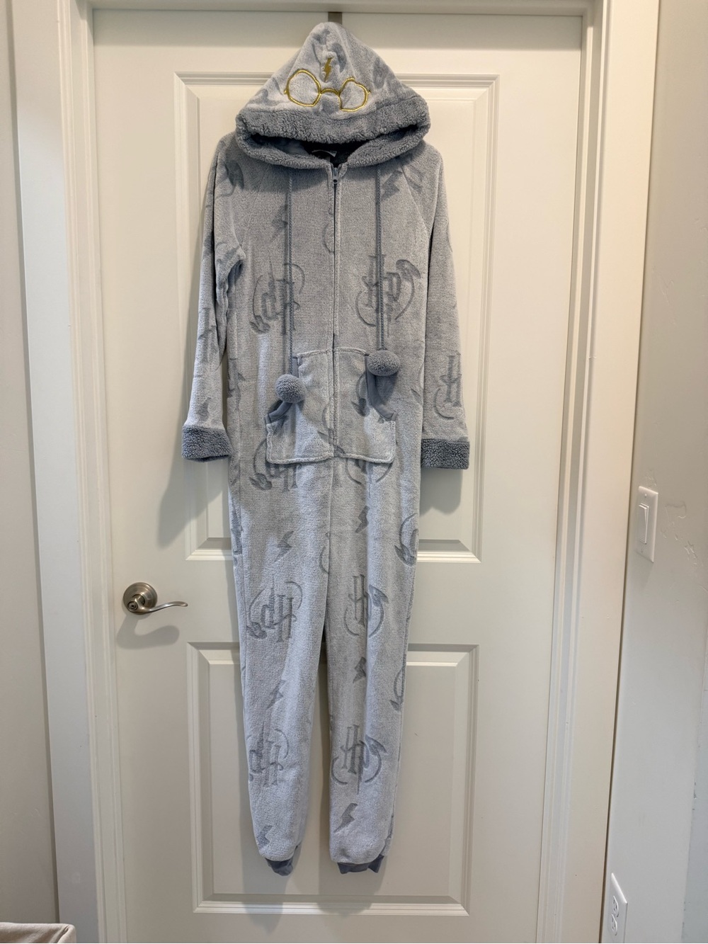 Harry Potter Plush Hooded Onesie with Pom Details size Small - blue gray
